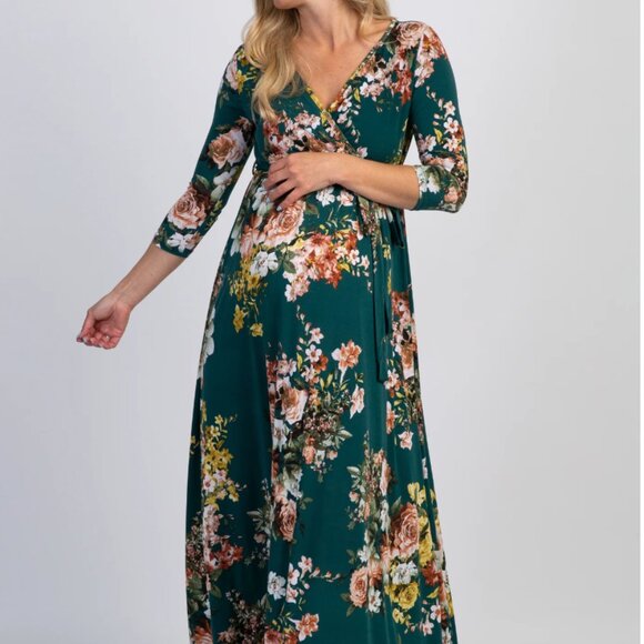 PinkBlush Green Rose Sash Tie Wrap Top Maternity Maxi Dress - Picture 1 of 7
